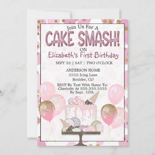 Cake Smash Baby Girls First Birthday Invitation