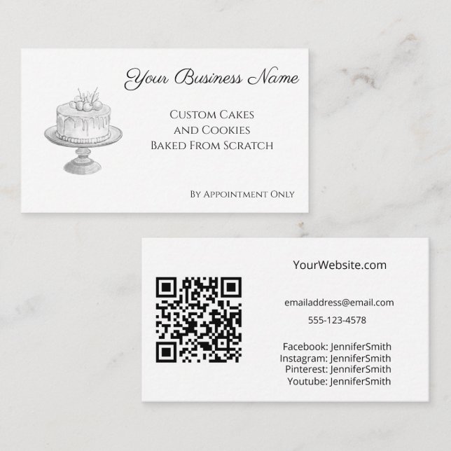 Cake Stand Elegant Bakery White Custom QR Code Business Card (Front/Back)