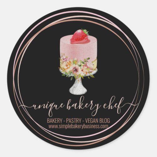 Cake strawberry bakery chef pink black classic round sticker