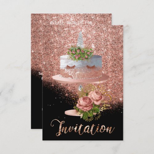 Cake Unicorn Pink Gold Crystals Silver Glitter Lux Invitation