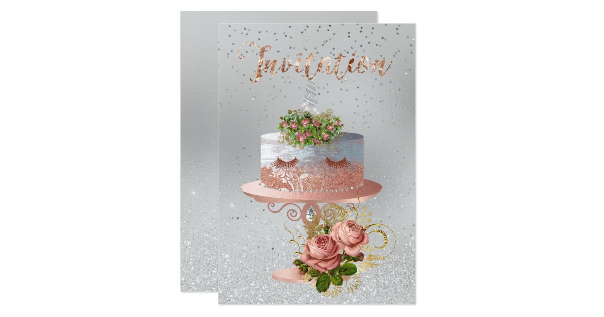 Cake Unicorn Rose Gold Crystals Silver Glitter Invitation Zazzle Com