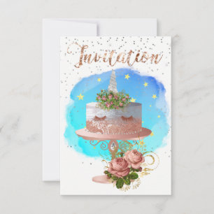 Cake Unicorn Rose Gold Watercolor Star Aqua Ocean Invitation