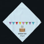 Cake With Colorful Banner On Blue Birthday Boy Bandana<br><div class="desc">Destei's original cartoon illustration of a brown birthday cake with four candles on it and a colorful bunting banner above the cake. The background color is light blue. One personalizable text area reads: "Birthday Boy" while on another there is space for a name.</div>