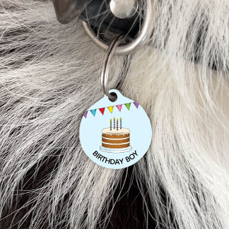 Cake With Colorful Banner On Blue Birthday Boy Pet ID Tag