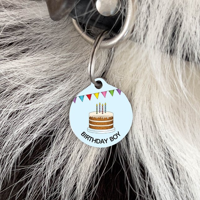 Cake With Colorful Banner On Blue Birthday Boy Pet ID Tag (Creator Uploaded)