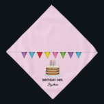 Cake With Colorful Banner On Pink Birthday Girl Bandana<br><div class="desc">Destei's original cartoon illustration of a brown birthday cake with four candles on it and a colorful bunting banner above the cake. The background color is light pink. One personalizable text area reads: "Birthday Girl" while on another there is space for a name.</div>
