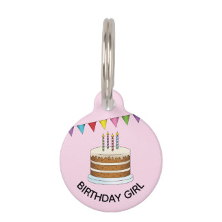 Cake With Colorful Banner On Pink Birthday Girl Pet ID Tag