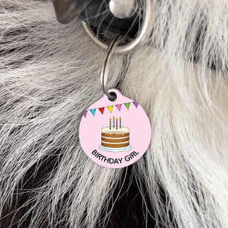 Cake With Colorful Banner On Pink Birthday Girl Pet ID Tag