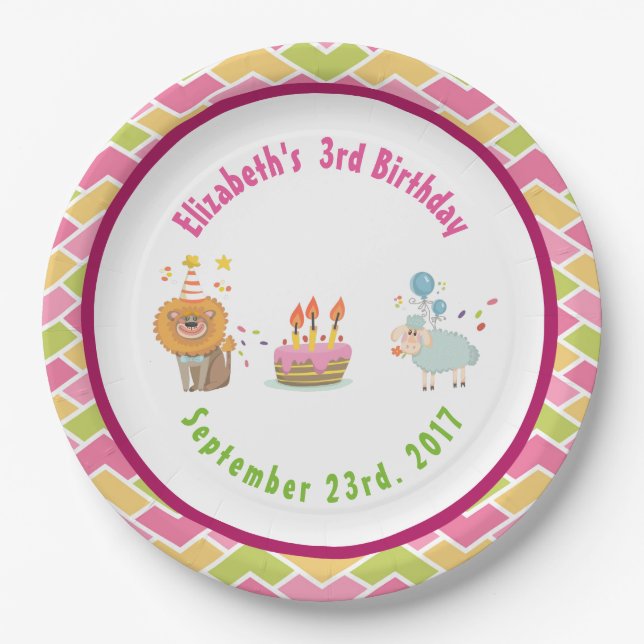 Cake with Party Lion and Balloon Birthday Paper Plates (Front)
