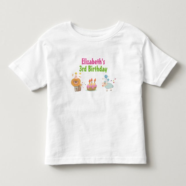 Cake with Party Lion and Balloon Sheep Birthday Toddler T-shirt (Front)