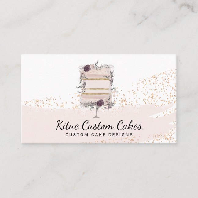 Cake with Rose Gold Glitter Flowers for Baker Business Card