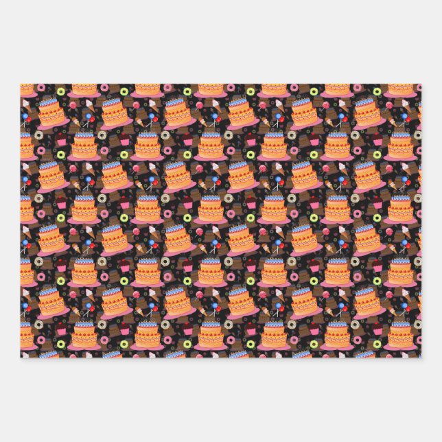 Cakes And Pastries Black Wrapping Paper Sheets (Front)