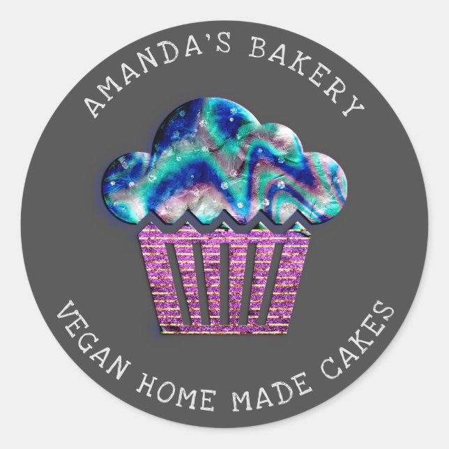 Cakes Sweet Cupcake Home Vegan Bakery Purple Gray Classic Round Sticker (Front)