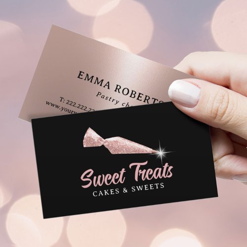 Cakes  Sweets Bakery Rose Gold Piping Bag Black Business Card