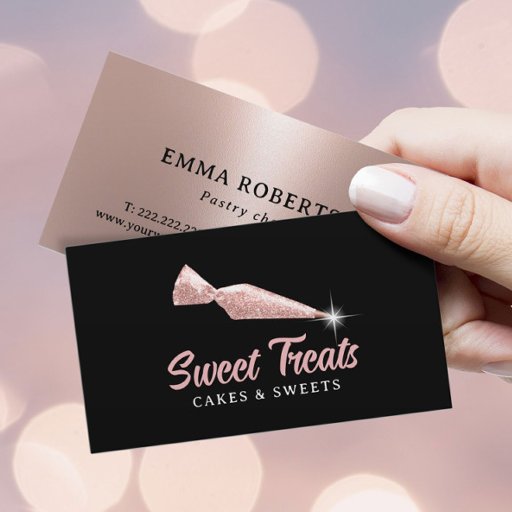 Customizable Cakes &amp; Sweets Bakery Rose Gold Piping Bag Black Business Card