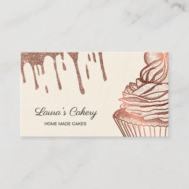 Cakes & Sweets Cupcake Home Bakery Dripping Gold Business Card | Zazzle