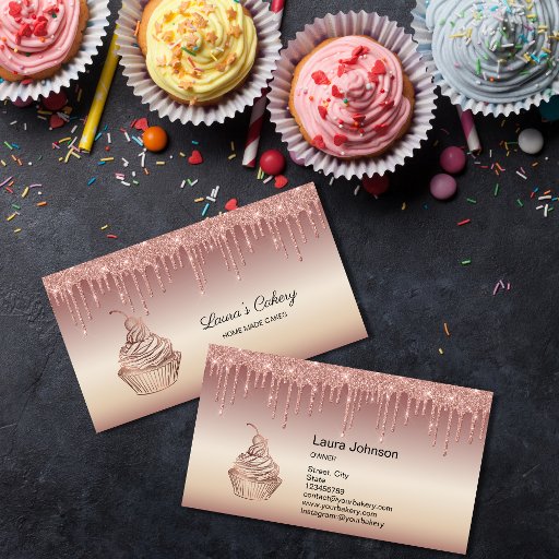 Customizable Cakes &amp; Sweets Cupcake Home Bakery Dripping Gold Business Card