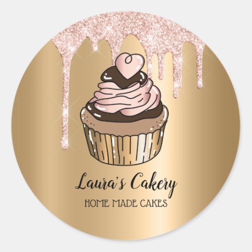 Cakes  Sweets Cupcake Home Bakery Dripping Gold Classic Round Sticker