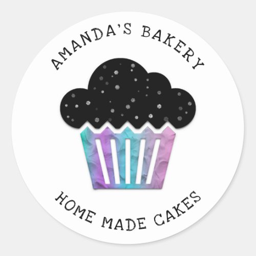 Cakes Sweets Cupcake Home Bakery Holograph Black  Classic Round Sticker