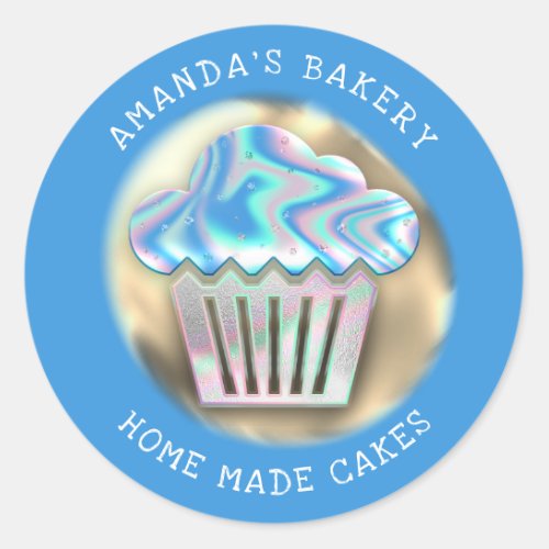 Cakes Sweets Cupcake Home Bakery Holograph Blue Classic Round Sticker