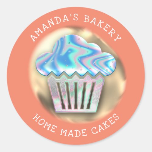 Cakes Sweets Cupcake Home Bakery Holograph Coral Classic Round Sticker