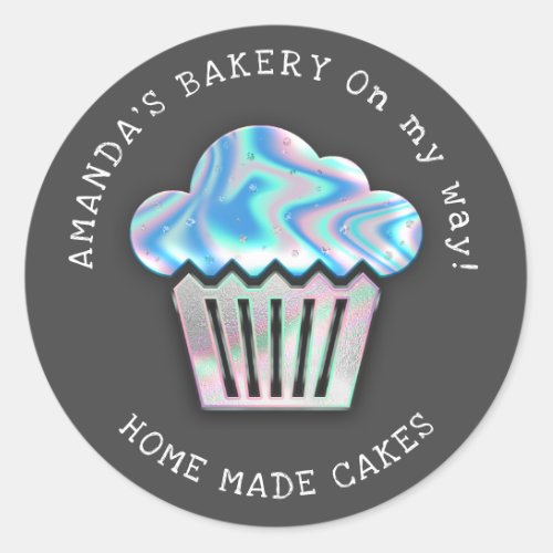 Cakes Sweets Cupcake Home Bakery Holograph Gray Classic Round Sticker