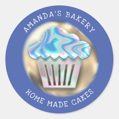 Cakes Sweets Cupcake Home Bakery Holograph Navy Classic Round Sticker