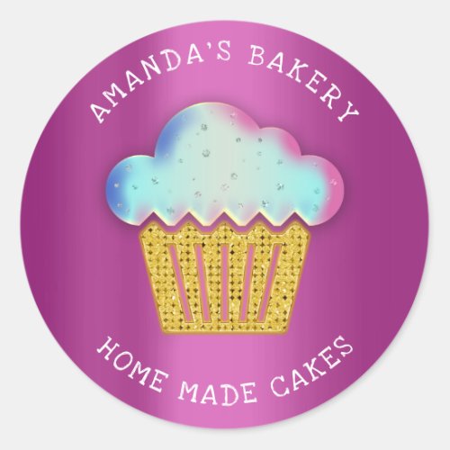 Cakes Sweets Cupcake Home Bakery Holograph Pink Classic Round Sticker