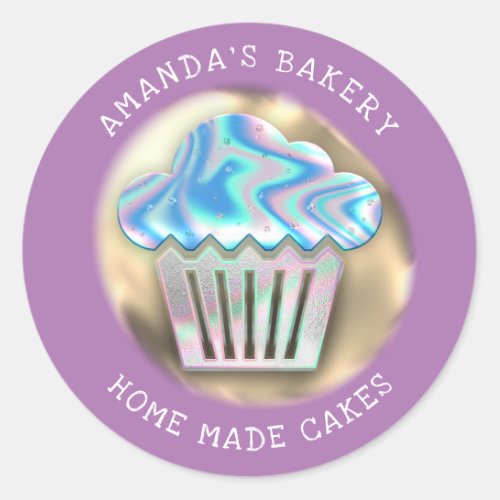 Cakes Sweets Cupcake Home Bakery Holograph Purple Classic Round Sticker