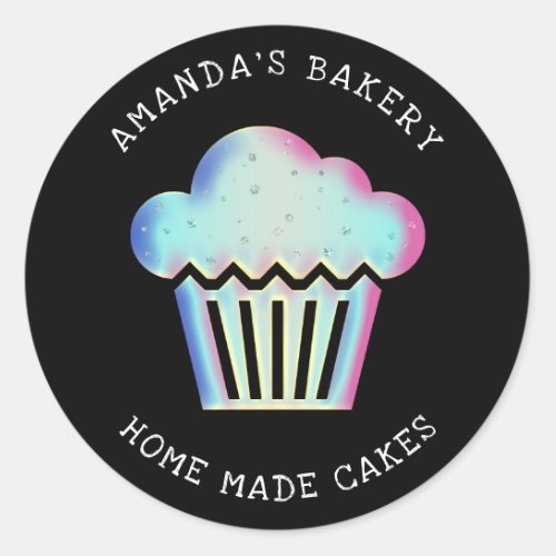 Cakes Sweets Cupcake Home Bakery Holographic Black Classic Round Sticker