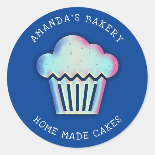 Cakes Sweets Cupcake Home Bakery Holographic Navy  Classic Round Sticker