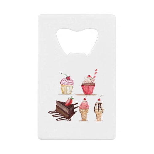 Cakes Watercolor Bakery Sweets Cupcakes Pastry Credit Card Bottle Opener