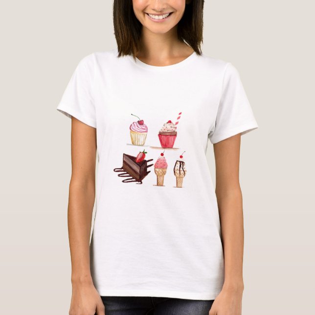 Cakes Watercolor Bakery Sweets Cupcakes Pastry T-Shirt (Front)