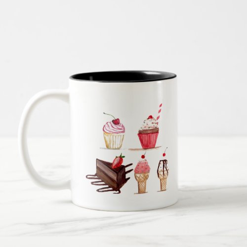 Cakes Watercolor Bakery Sweets Cupcakes Pastry Two_Tone Coffee Mug