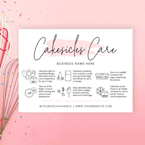 Cakesicles Care Instructions Light Pink Watercolor Business Card