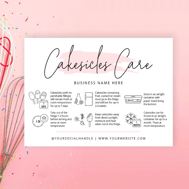 Cakesicles Care Instructions Light Pink Watercolor Business Card (Feminine cakesicles care guide with icons, space for your bakery logo and thank you message)