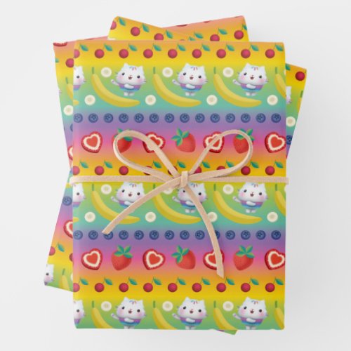 Cakey Cat Rainbow Fruit Pattern Wrapping Paper Sheets