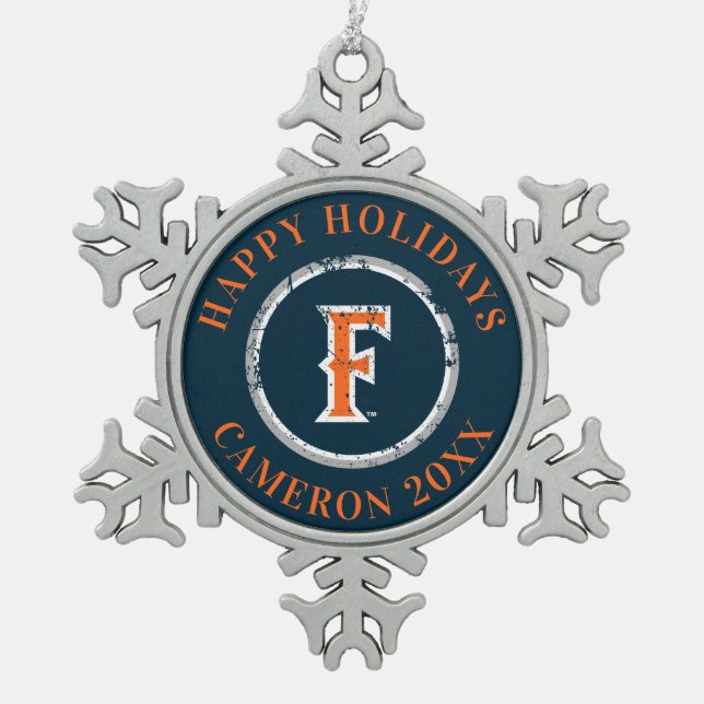 Cal State Fullerton F Distressed Snowflake Pewter Christmas Ornament (Front)