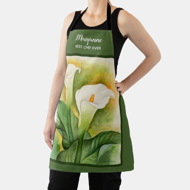 Cala Lily Green Add Name Floral Watercolor Apron (Insitu)