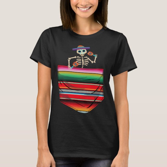 Calaca Blanket Pocket Serape Mexican Cinco De Mayo T-Shirt (Front)