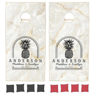 Calacatta Gold Marble Pineapple Wedding Arch &Name Cornhole Set