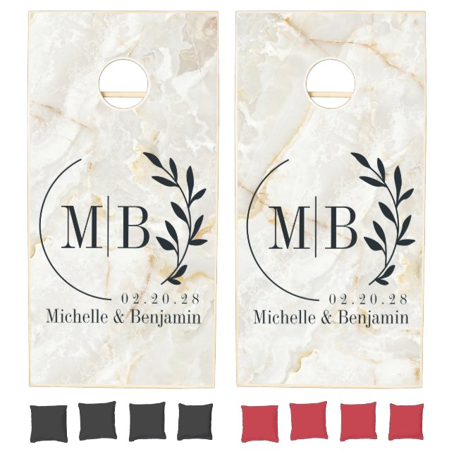 Calacatta Gold Marble Stone Leaf Wedding Monogram Cornhole Set (Set)