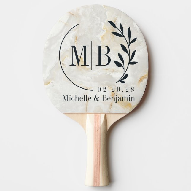 Calacatta Gold Marble Stone Leaf Wedding Monogram Ping Pong Paddle (Front)