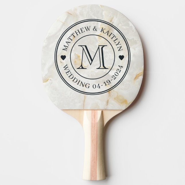 Calacatta Gold Marble Stone Wedding Monogram Heart Ping Pong Paddle (Front)
