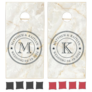 Calacatta Gold Marble Stone Wedding Monogram Star Cornhole Set