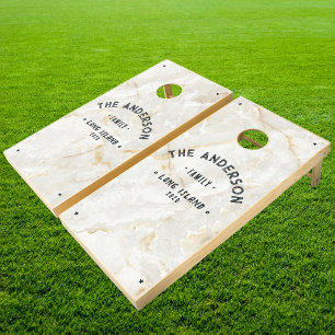 Calacatta Gold Marble Vintage Seaside Family Name Cornhole Set