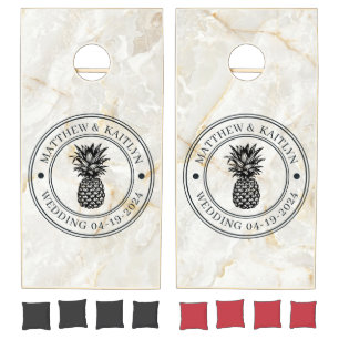 Calacatta Gold Pineapple Wedding Crest & Names Cornhole Set