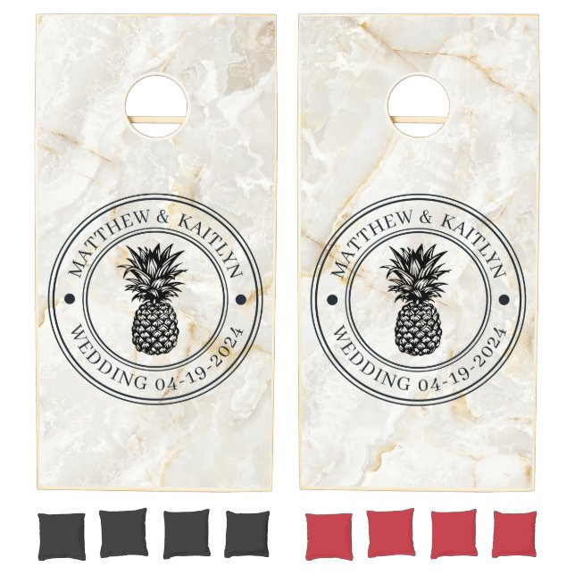 Calacatta Gold Pineapple Wedding Crest & Names Cornhole Set (Set)