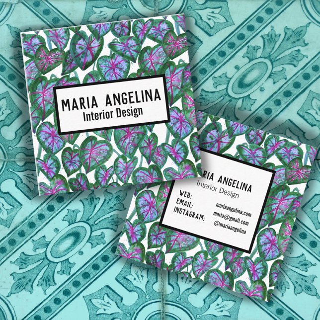 Caladium Leaves Tropical Bold Watercolor Botanical Square Business Card (Creator Uploaded)