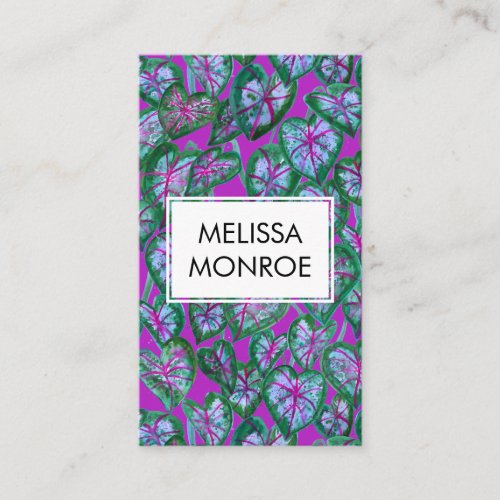 Caladium tropical leaves illustrated watercolor business card